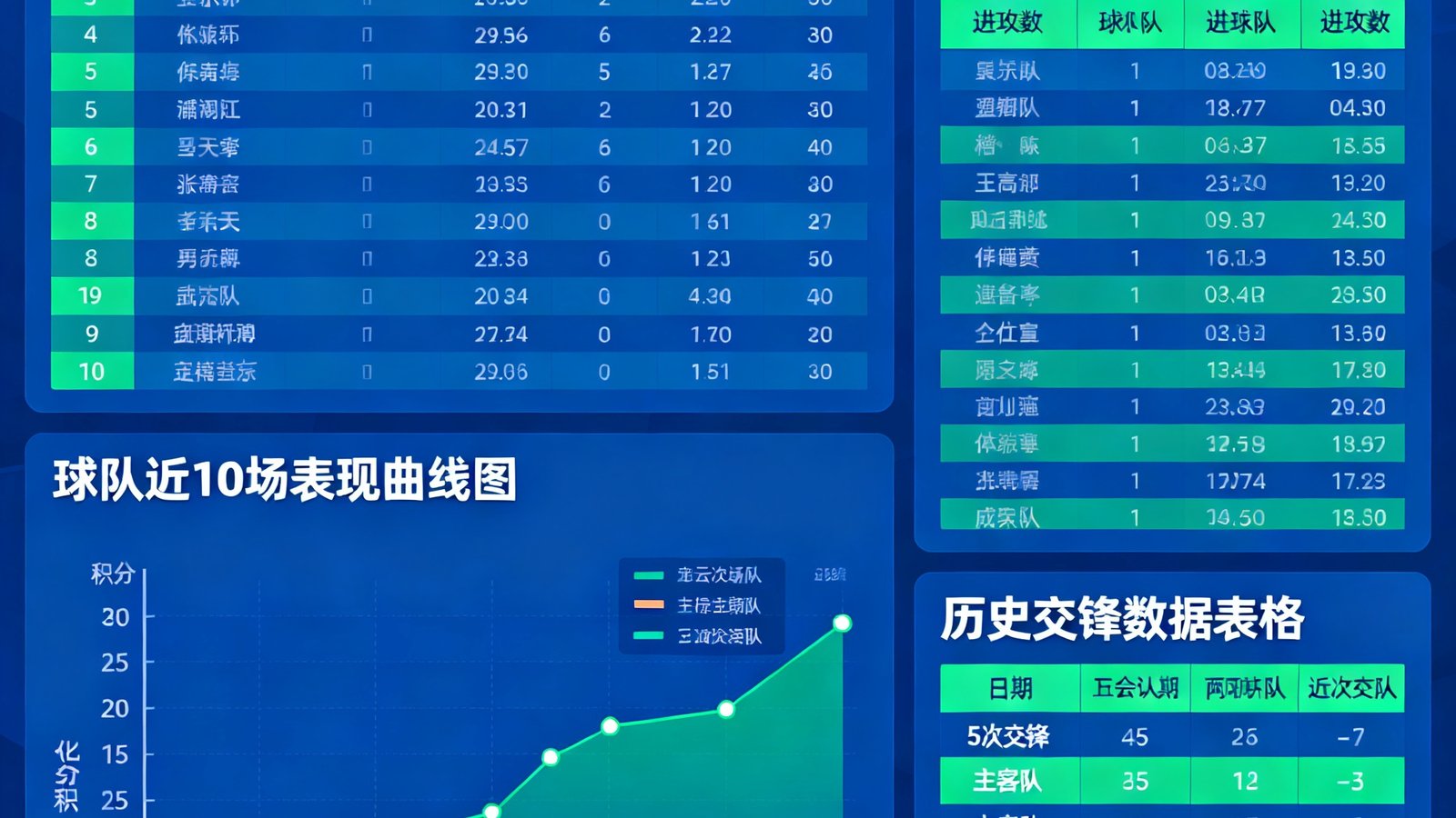开云体育数据统计面板，展示英超赛季积分榜、射手榜排名、球队近10场表现曲线图以及历史交锋数据表格